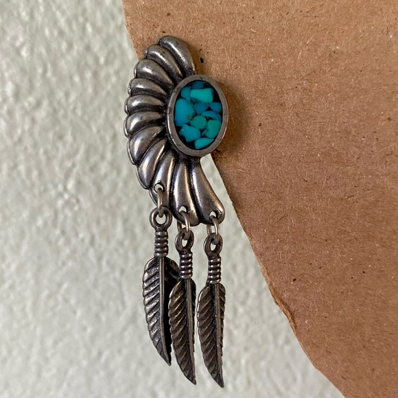 Pewter Turquoise Feather Earrings - Picture 3 of 7